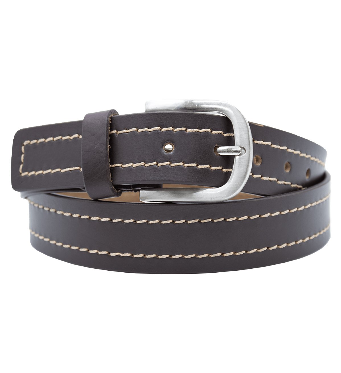 Men's Double Stitched Casual Leather Belt with Heavy Silver Buckle - #BT-1615