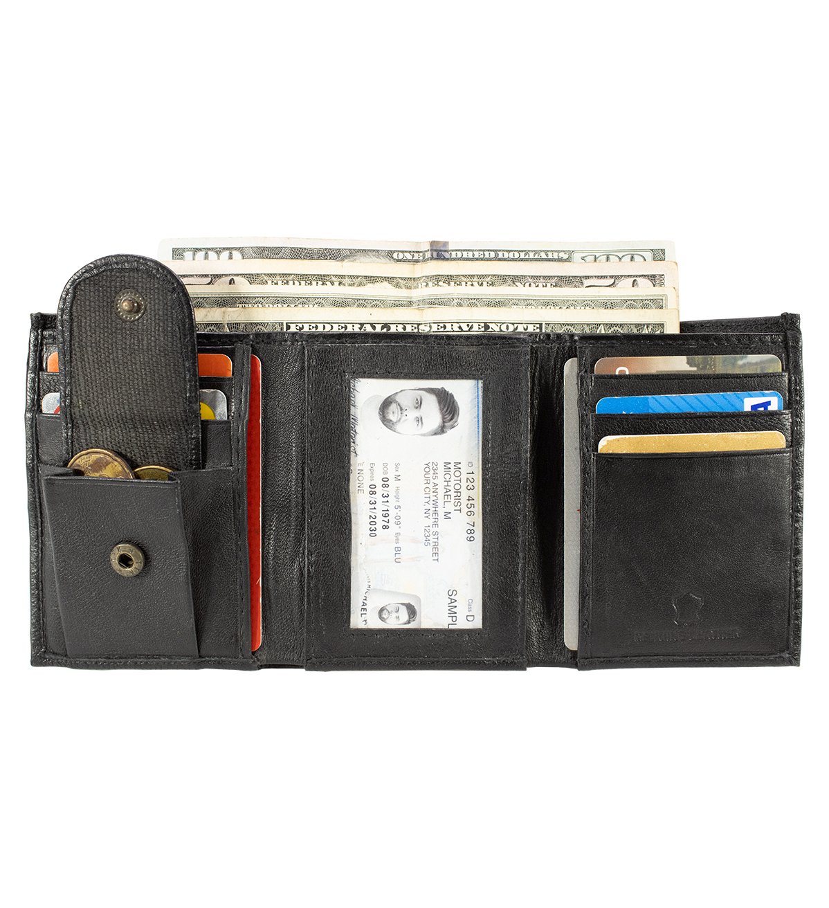 Lambskin Trifold Wallet with Coin Pocket, ID Window Genuine Leather - #LW-33