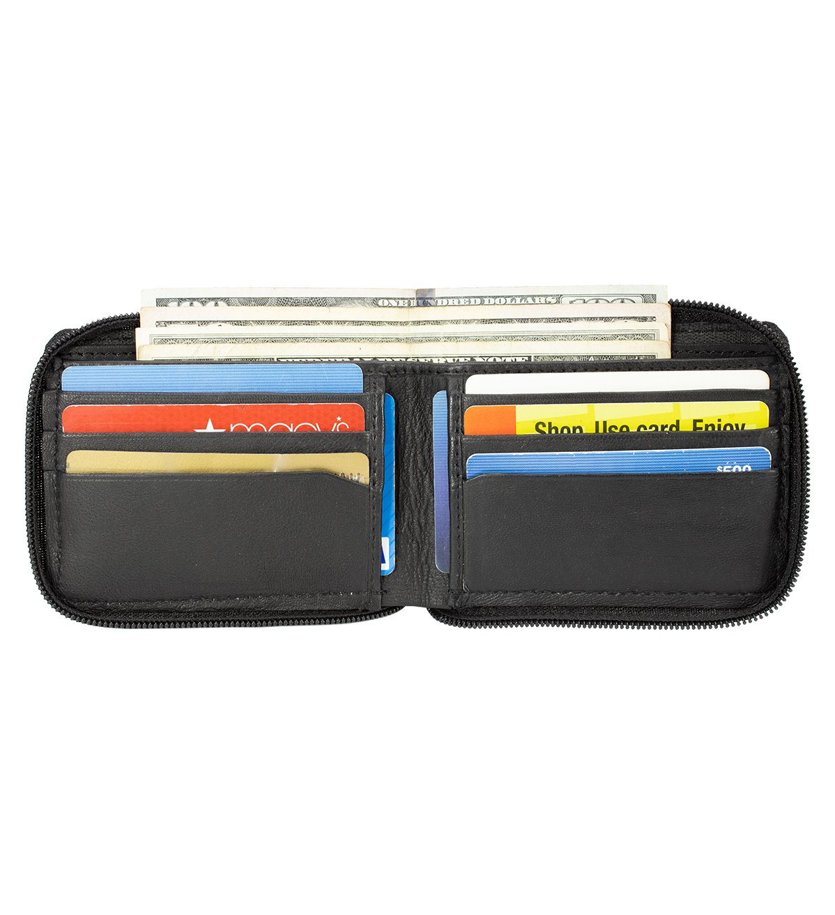 Lambskin Round Zipper Bifold Wallet with Double Side Card Slots Genuine Leather - #LW-503