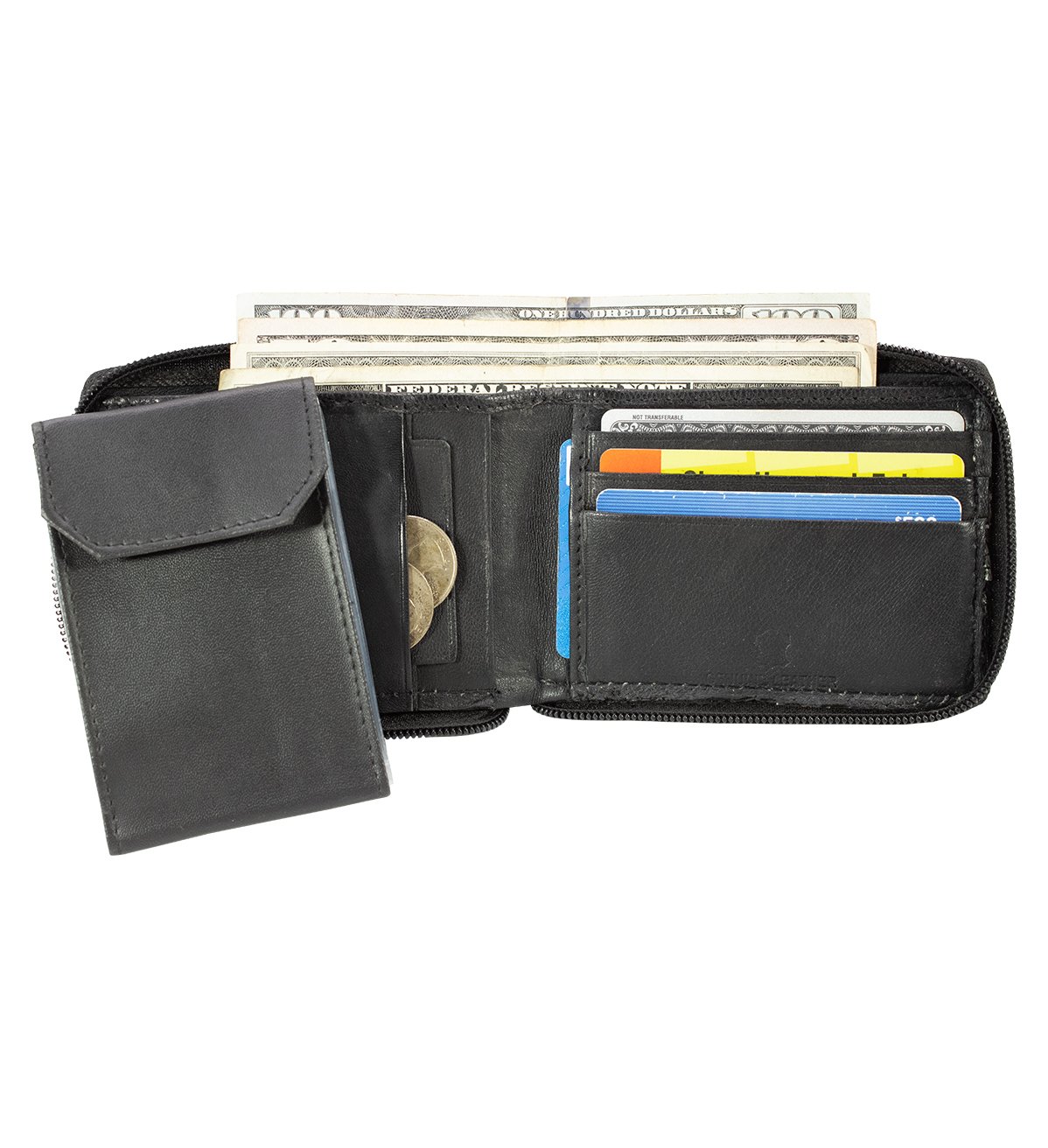 Lambskin Bifold Wallet Round Zipper With Removable Flap & ID Pocket Genuine Leather - #LW-55